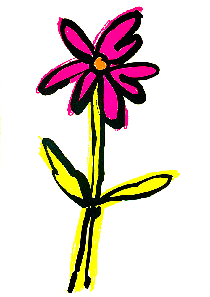 A simple, colorful drawing of a pink flower with a yellow center, two green leaves, and a black outline on white—Fluro Flower (Pink) - Limited Edition Screenprint.