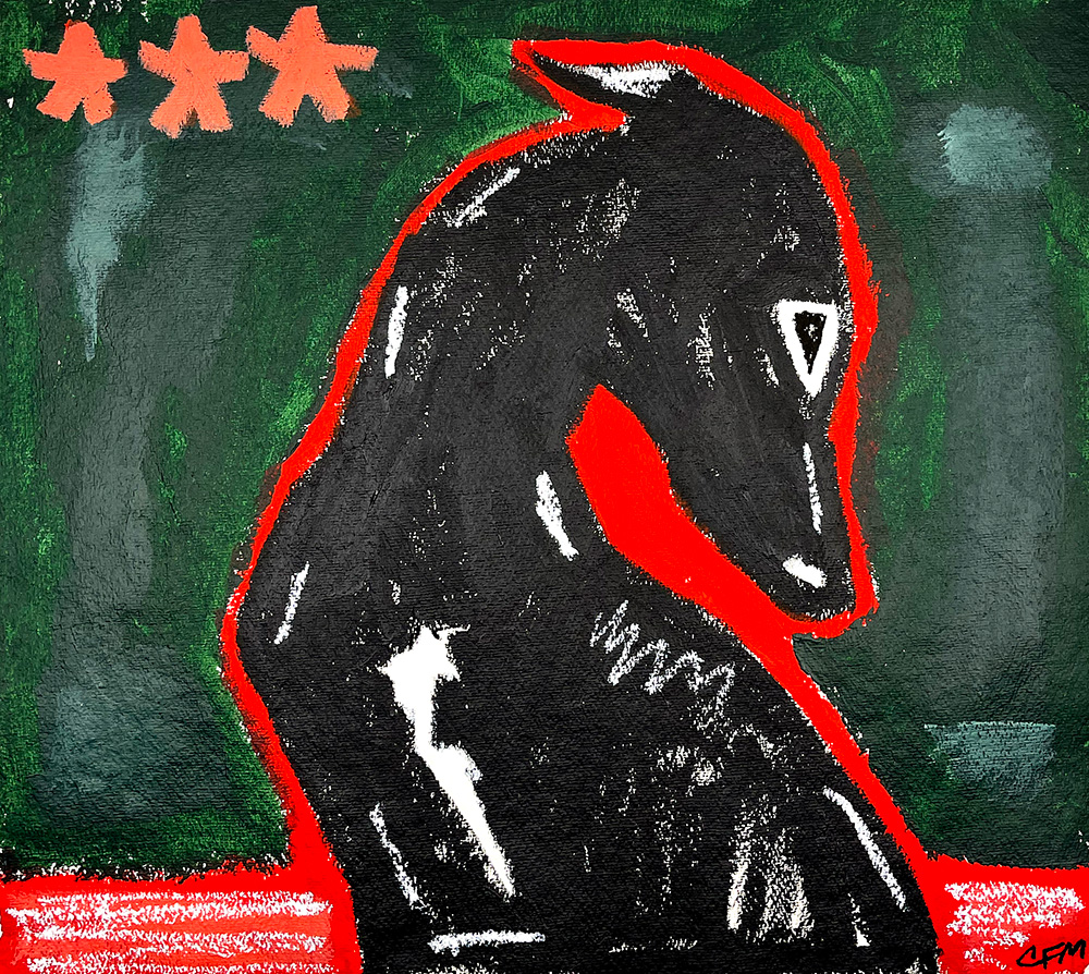 A black chess knight outlined in red stands on a green background with three orange stars in the top left—an evocative artwork titled After Hope - Original on Paper.