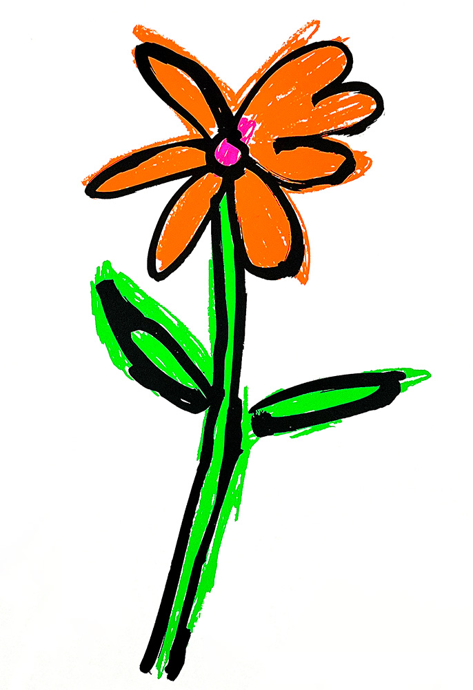 A simple drawing of an orange flower with green stem and leaves, outlined in black, on a white background.