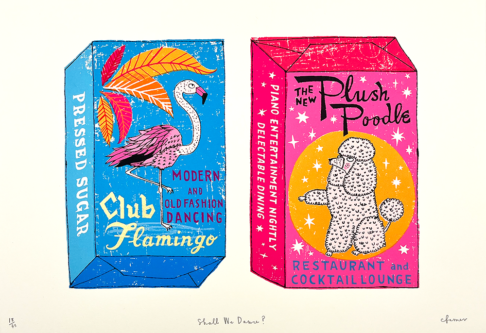 Illustration of two colorful cartons: one blue with a flamingo labeled "Club Flamingo," and one pink with a poodle labeled "The New Plush Poodle Restaurant and Cocktail Lounge.