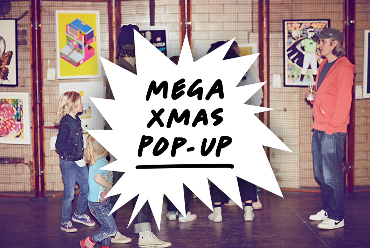 People are viewing art at an indoor gallery; a white burst graphic with text reads "MEGA XMAS POP-UP by Print Club London" over the center of the image.