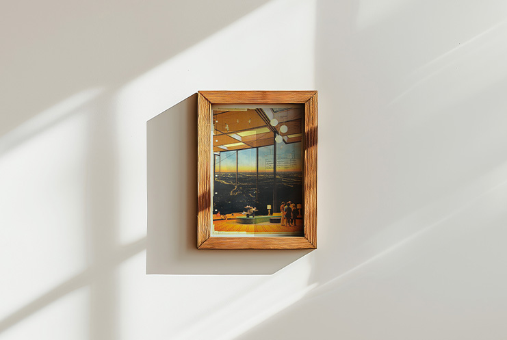 A wooden-framed picture from Print Club London hangs on a sunlit white wall, casting subtle shadows. The artwork shows people gazing through large windows at a distant landscape.