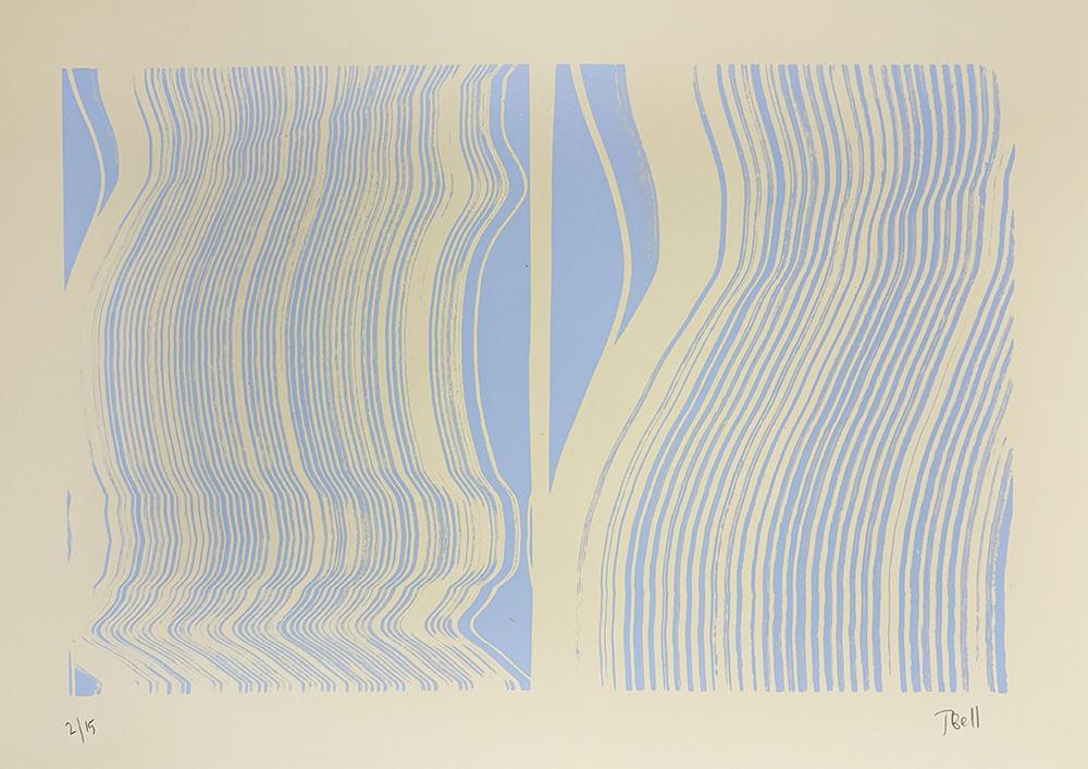 Layered Paused (Blue) - Limited Edition Screen Print: Abstract art with two adjacent rectangles featuring wavy blue and white vertical lines on a beige background, creating a unique visual distortion effect.
