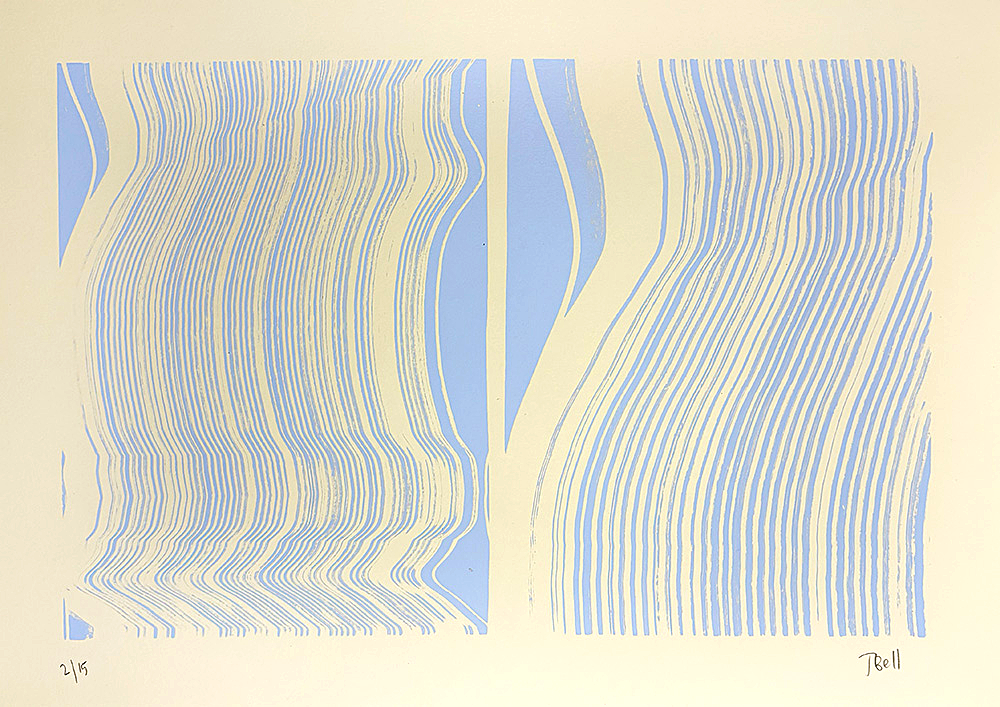 Layered Paused in sequence Blue - Limited Edition Screen Print features two rectangular sections of wavy, parallel blue and yellow lines on a light background, signed and numbered at the bottom.