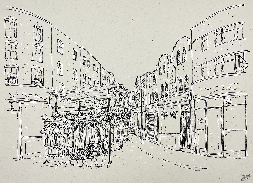 Black ink sketch of a narrow street lined with buildings and market stalls displaying hanging clothes, capturing an urban market scene.