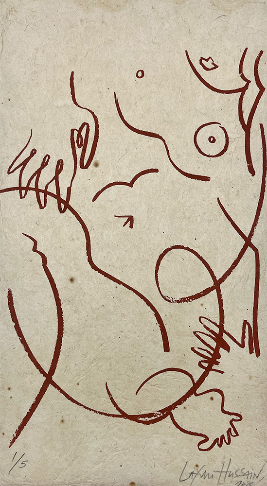 Her Heart (Red) - Limited Edition Screen Print: Red abstract line art on textured paper showing stylized human and animal shapes; signed and numbered by the artist at the bottom.