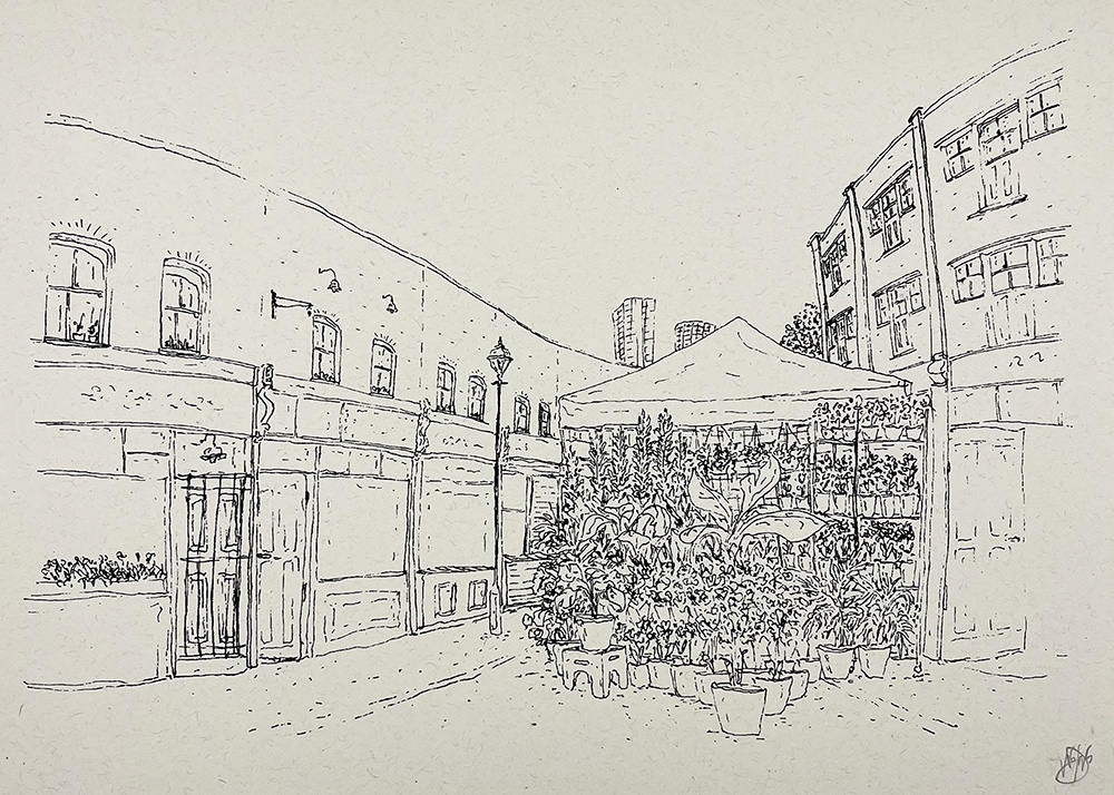 Columbia Road - Screen Print: Line drawing of an urban courtyard with buildings, a tent canopy, and numerous potted plants beneath.