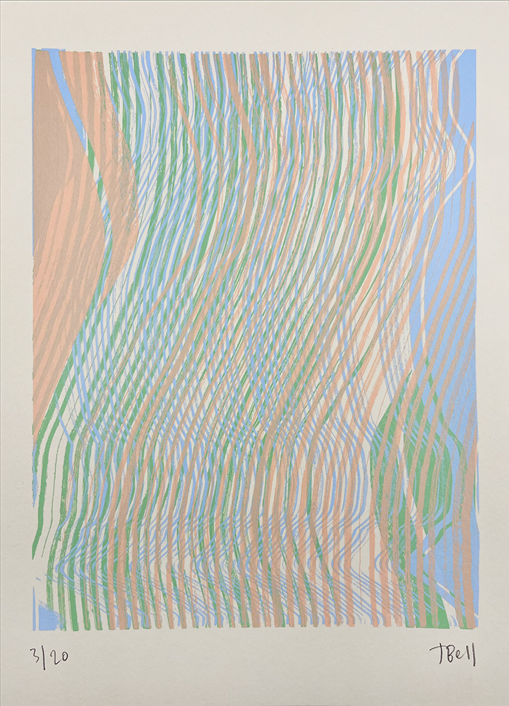 Layered Paused Coral - Limited Edition Screen Print: Abstract art with wavy, overlapping peach, green, and blue lines on a light background; signed "T Bell," edition 3/20.
