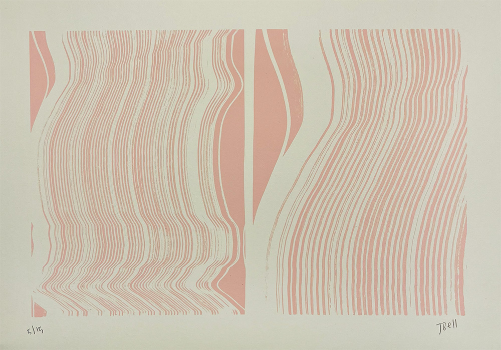 Layered Paused (Coral) - Limited Edition Screen Print features two abstract panels, each with wavy, parallel pink lines on a light background, evoking movement and distortion.