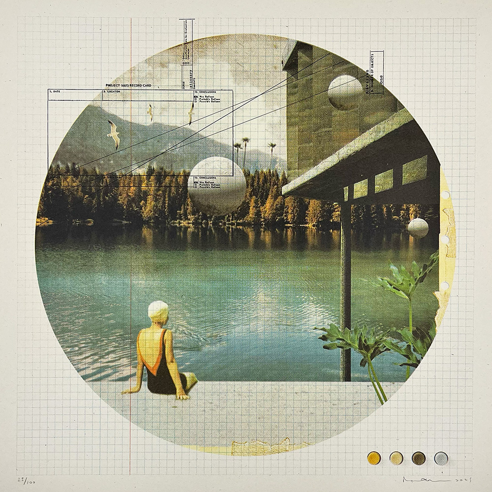 A person in a yellow swimsuit sits by a lake with mountains and trees in the background, geometric shapes, diagrams, and plant elements are overlaid on the image.