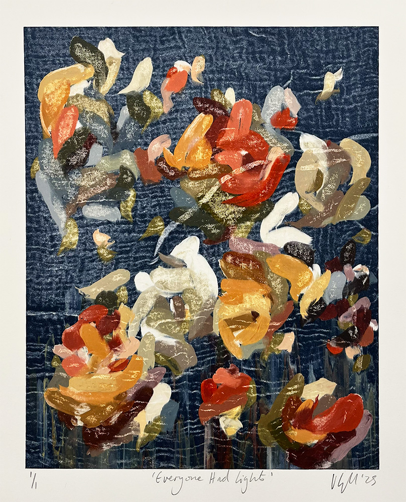 Clusters of red, yellow, white, and beige brushstrokes stand out on a textured dark blue background in "Mesmerised (Ghost) - Mono Print (Copy)," evoking a mesmerised mood. The artist’s signature appears below the artwork.