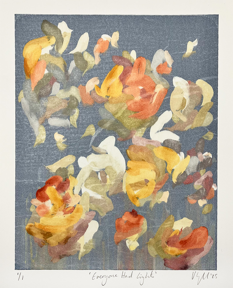 Abstract painting of yellow, orange, and pale flowers with green and brown leaves on a textured gray background, inspired by the "Everyone Had Lights - Mono Print (Copy)" style.