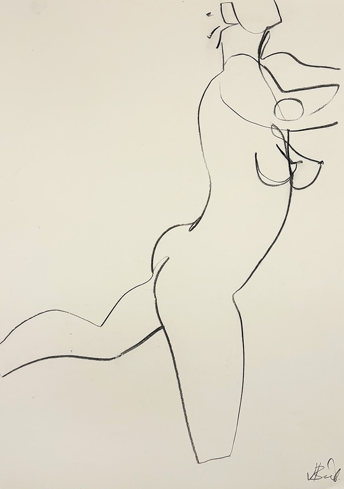 Minimalist line drawing inspired by Fig 2 - Charcoal Drawing, featuring a nude figure in motion with black outlines on a plain background, showing a partial side and back view.
