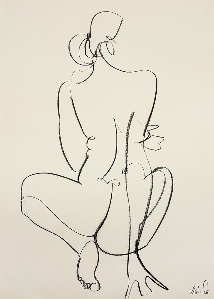 Fig 3 - Charcoal Drawing features a minimalist line artwork of a nude figure kneeling with one leg bent and a hand resting on the knee, presented against a plain background.