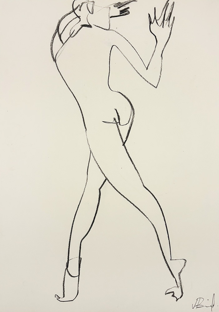 Fig 4 - Charcoal Drawing" is a minimalist line artwork featuring a nude figure standing on tiptoe, one hand raised, and head turned to the side.