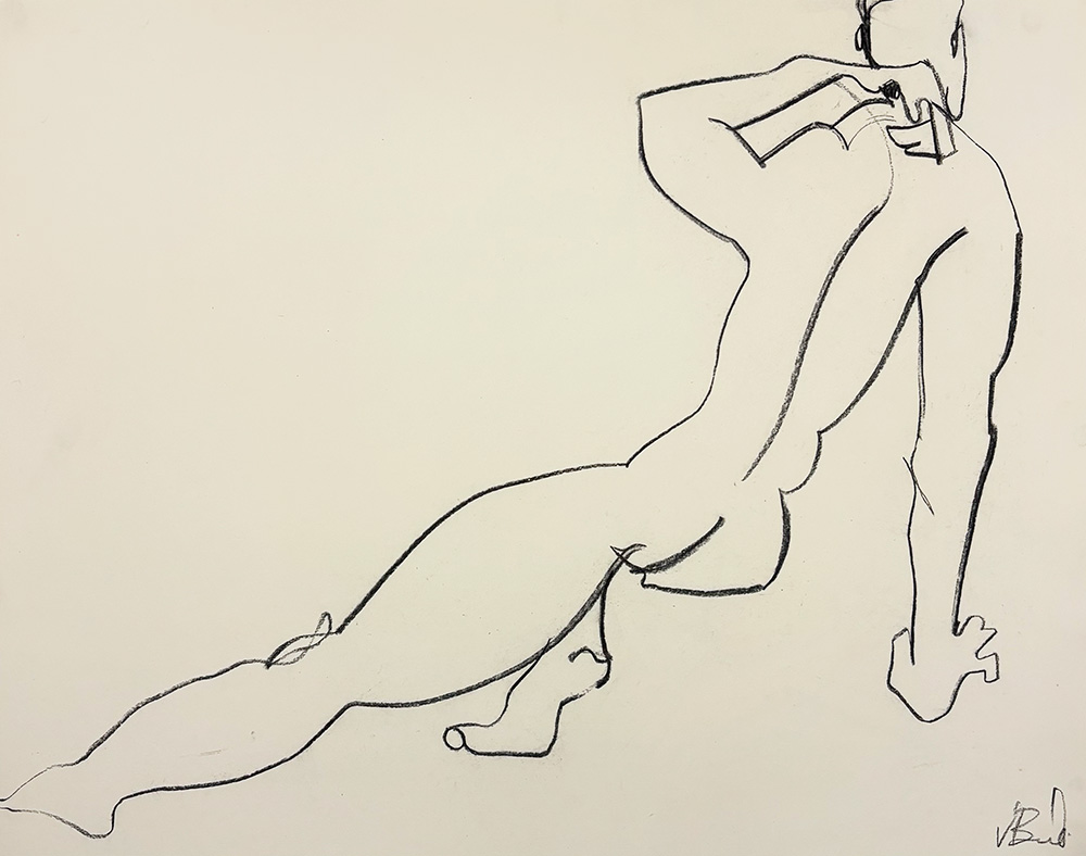 Fig 5 - Charcoal Drawing: A minimalist line drawing showing a nude figure seated with one arm bent behind the back and legs extended, viewed from behind.