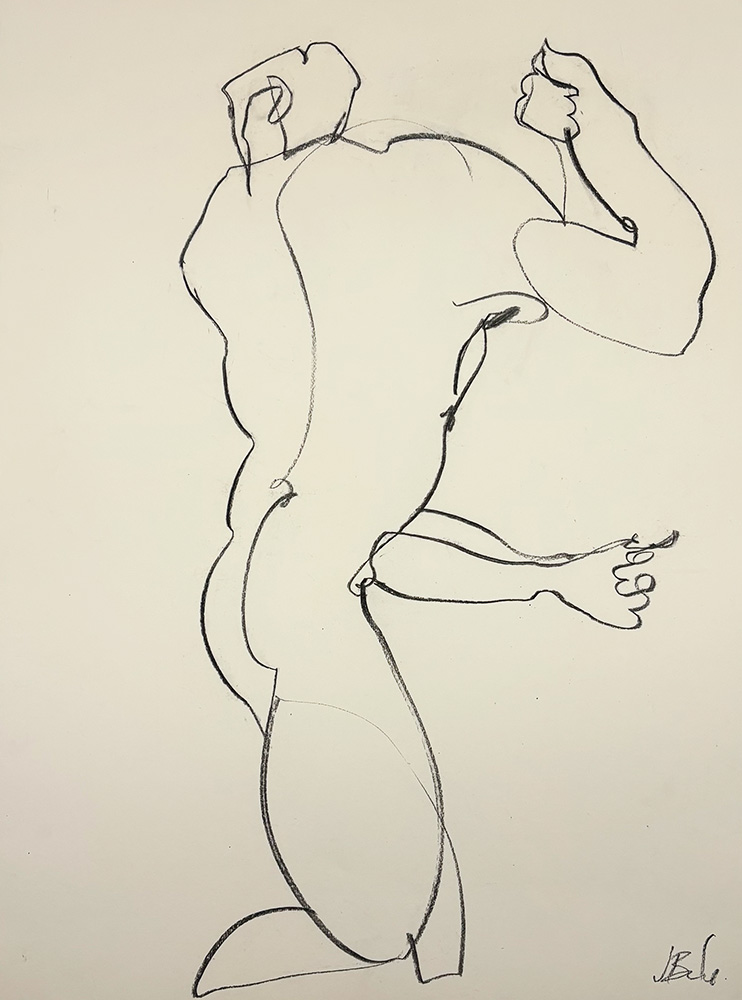 Minimal line drawing of a muscular human figure kneeling and flexing one arm, created with continuous black lines on a plain background in the style of Fig 6 - Charcoal Drawing.