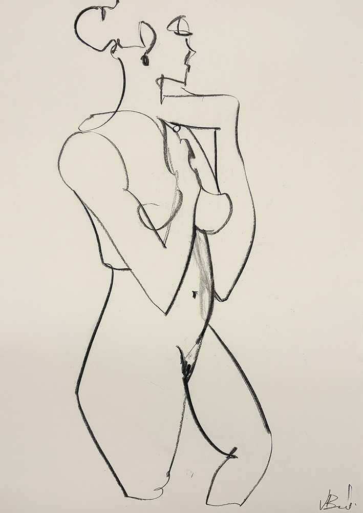 Fig 7 - Charcoal Drawing: A minimalist artwork of a standing nude in profile, with one arm bent at the neck and the other across the chest.