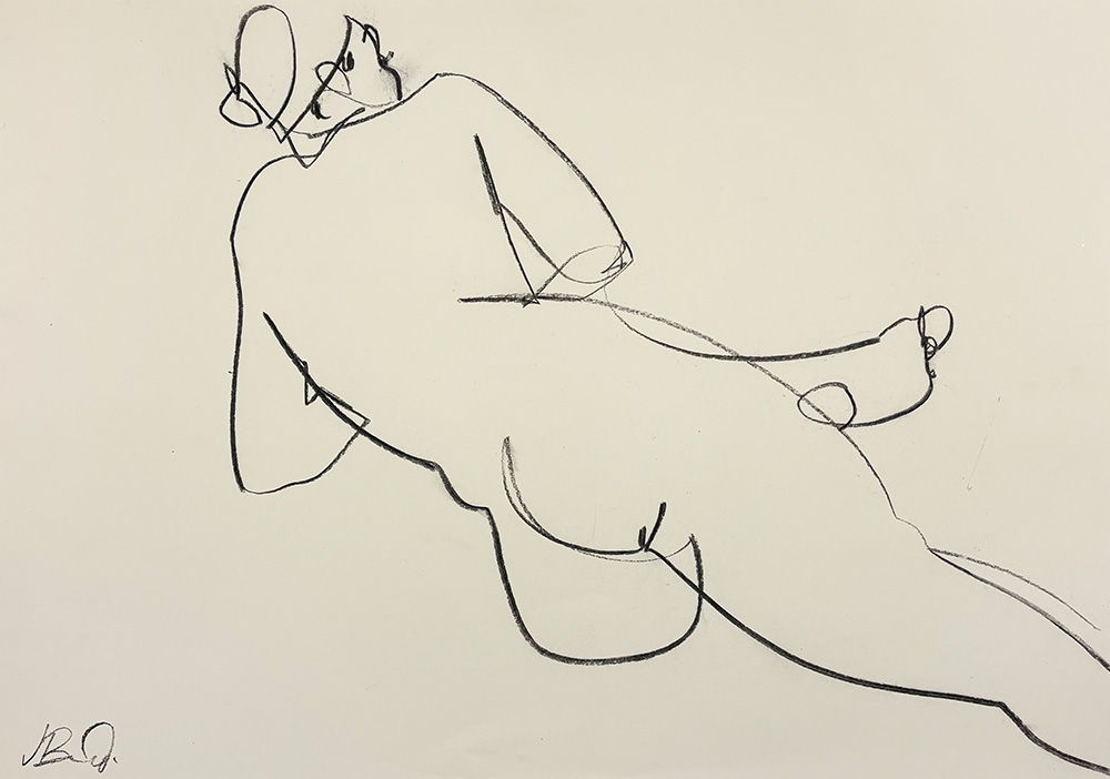 A minimalistic line drawing inspired by Fig 8 - Charcoal Drawing, featuring a reclining figure with flowing black lines on a plain white background.
