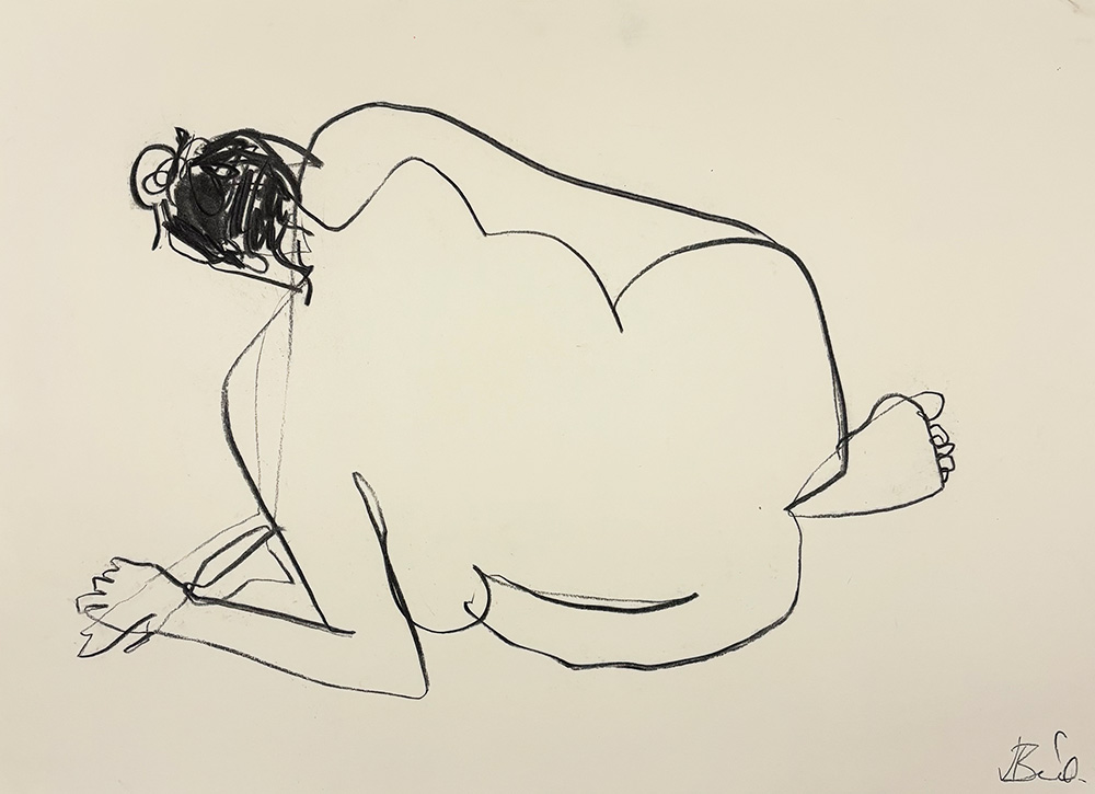 Fig 9 - Charcoal Drawing is a minimalist line artwork showing a nude figure lying on their side with bent knees and head resting on their arms.