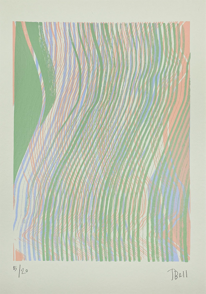 Layered Paused Green - Limited Edition Screen Print features abstract, curved and wavy vertical lines in green, peach, purple, and beige on a light background. Numbered and signed at the bottom.