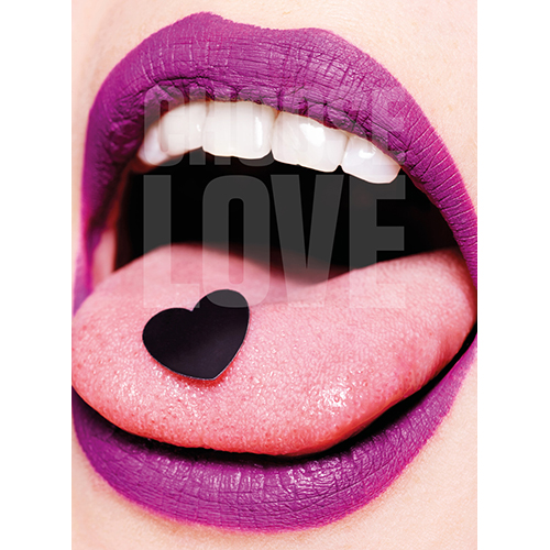 Close-up of a mouth with purple lipstick, white teeth, and a pink tongue. A black heart-shaped object rests on the tongue. The word "LOVE" appears over the image.