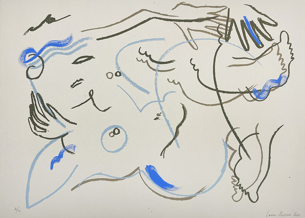 A Sunday Recline - Limited Edition Screen Print: This abstract line drawing features a reclining nude with blue accents, flowing contours, and minimal detail on a white background.