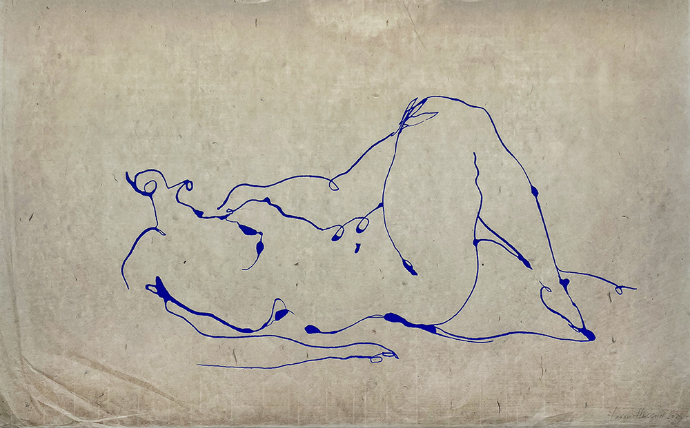 A minimalist blue line drawing of a reclining nude figure on a textured beige background—Reclining Nude, Light Brown & Blue - Original Artwork.
