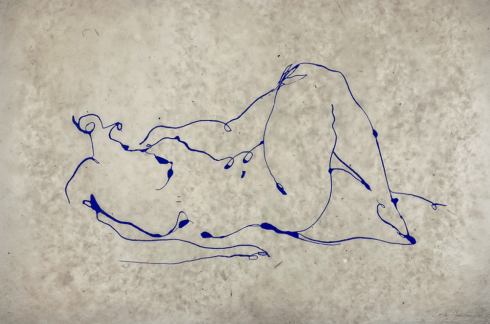 A minimalist blue line drawing depicts "Reclining Nude, Pink - Limited Edition" on a textured beige background.