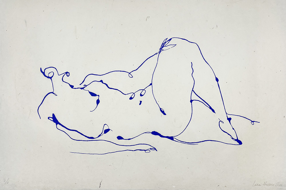 The "Reclining Nude, Off White - Limited Edition" is a minimalist blue line drawing of a reclining nude on an off white background, available as a limited edition print.