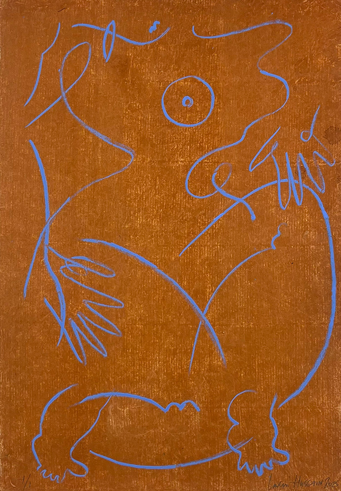 A stylized abstract human figure in blue linework appears on a textured brown background, inspired by the "She Dances (Red) - Limited Edition Screen Print.