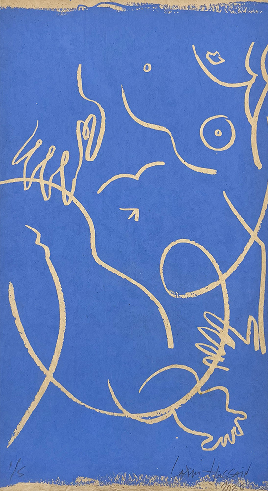 Her Heart (Blue) - Limited Edition Screen Print showcases a minimalist line drawing of a baby on a blue background, with simple yellowish-beige lines forming facial features and limbs.