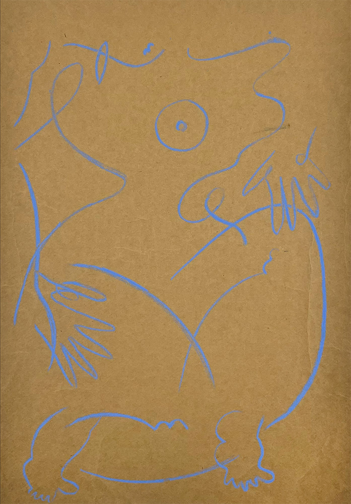 Inspired by the "She Dances (Earthy Yellow) - Limited Edition Screen Print," this piece features abstract blue lines on brown paper forming a whimsical, animal-like figure with curved and jagged lines, large eyes, and clawed feet.