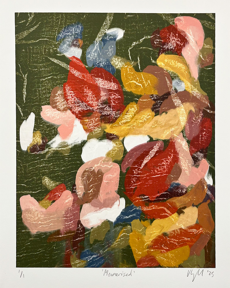 Mesmerised - Mono Print features dynamic abstract color with overlapping red, pink, yellow, gold, and white brushstrokes on a textured green background, capturing expressive mono print energy.