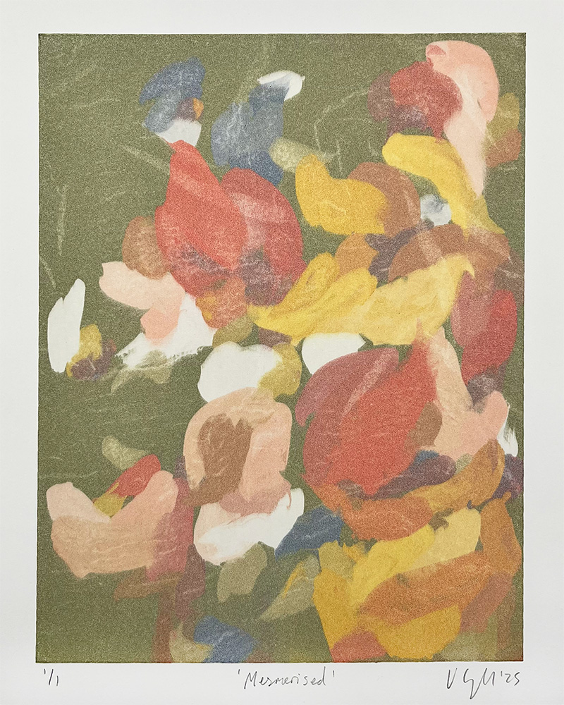 Abstract artwork with layered, soft-edged brushstrokes in red, yellow, pink, white, and blue on an olive green background. Titled below: "Mesmerised (Ghost) - Mono Print," signed and dated 2023.