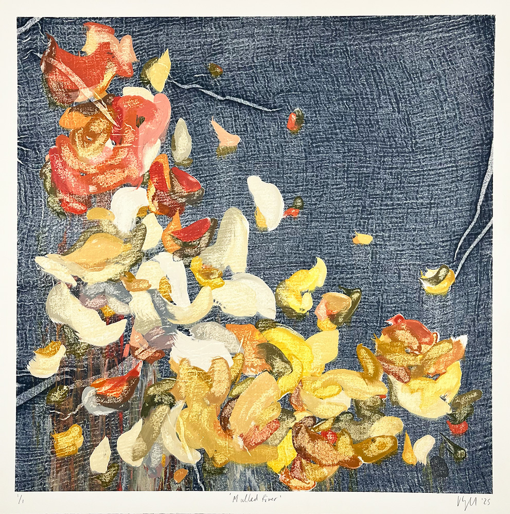 Mulled River - Mono Print features an abstract composition of yellow, white, and pink flower petals scattered over a textured dark blue background.