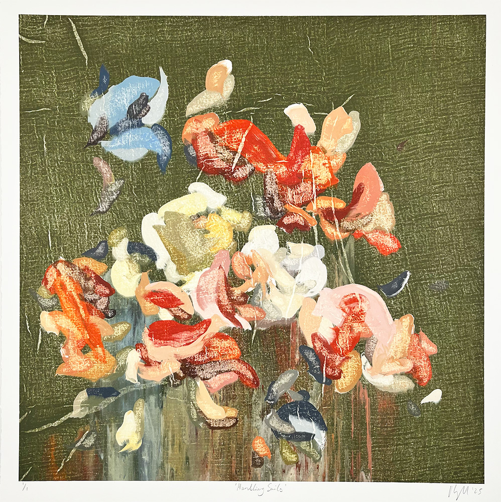 Mumbling Sails - Mono Print: An abstract painting with colorful, loosely defined shapes in red, blue, yellow, pink, and white on a textured olive-green background.