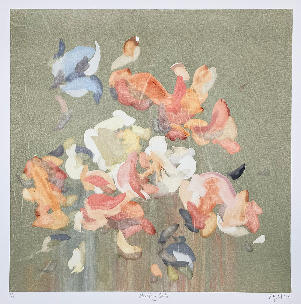 Abstract painting featuring loose, blended brushstrokes in pastel shades of orange, pink, blue, and white on a muted green-gray background.