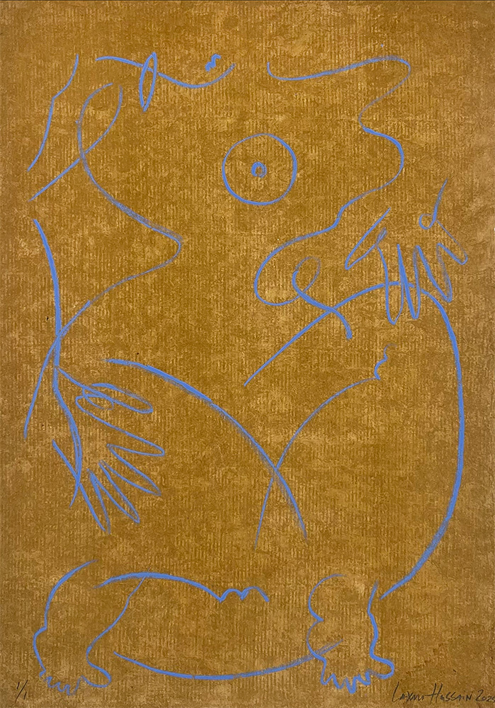 Loose blue line drawings evoke a creature on textured brown, inspired by the expressive movement of She Dances (Red) - Limited Edition Screen Print.