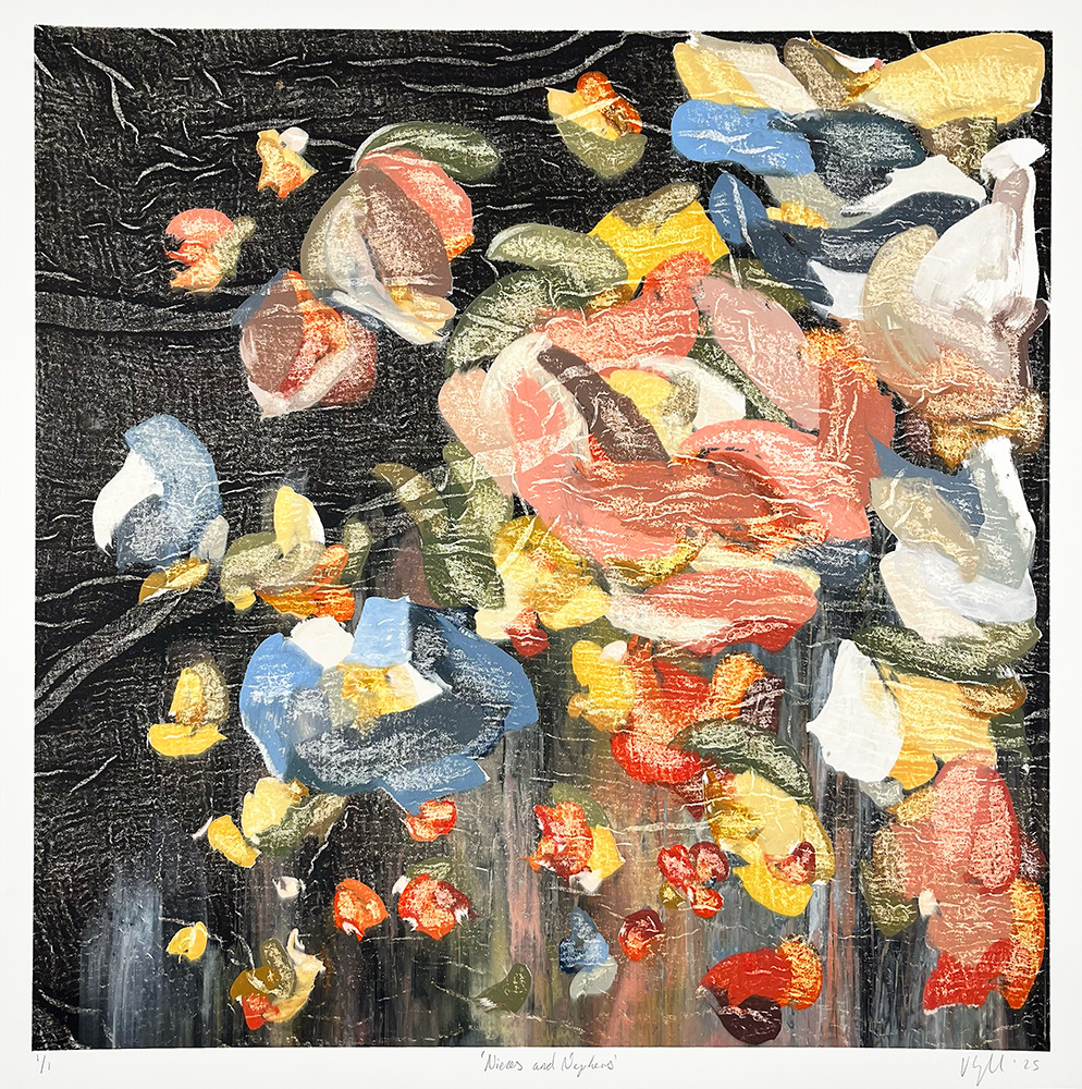 “Nieces and Nephews - Mono Print” features an abstract painting of vibrant flowers with bold pink, yellow, blue, and white brushstrokes set against a dark textured background.