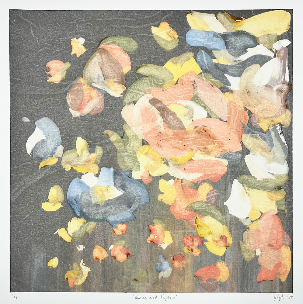 Nieces and Nephews, ghost - Mono Print features loosely floral forms in broad, blended strokes of yellow, peach, blue, and gray on a textured background, scattered artfully across the canvas.