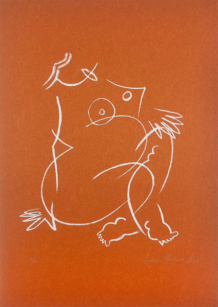 White abstract line drawing of a human figure with bold features on an orange background, signed at bottom right. Inspired by "Mother in Blue - Limited Edition Screen Print.