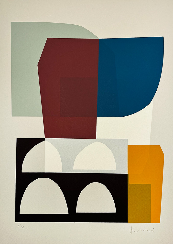 Pilar - Limited Edition Screen Print features overlapping geometric shapes in vibrant colors and repeated arch motifs, adding a striking modern edge to any space.