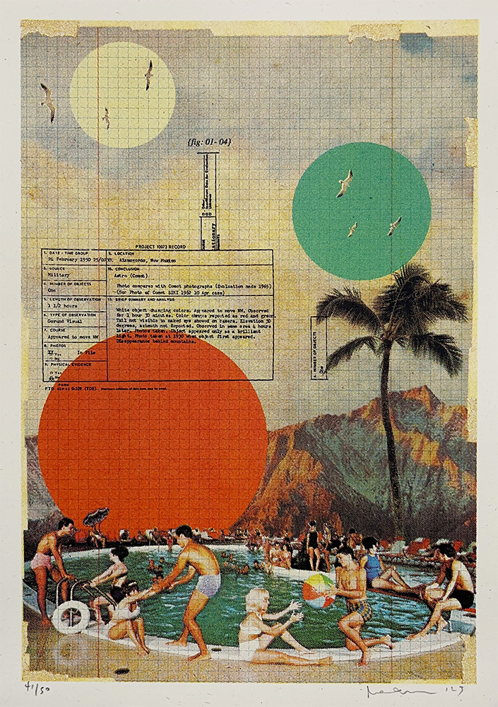 Collage of people swimming in a pool with a mountain, palm tree, and colorful circles in the background, overlaid with a form and grid lines.