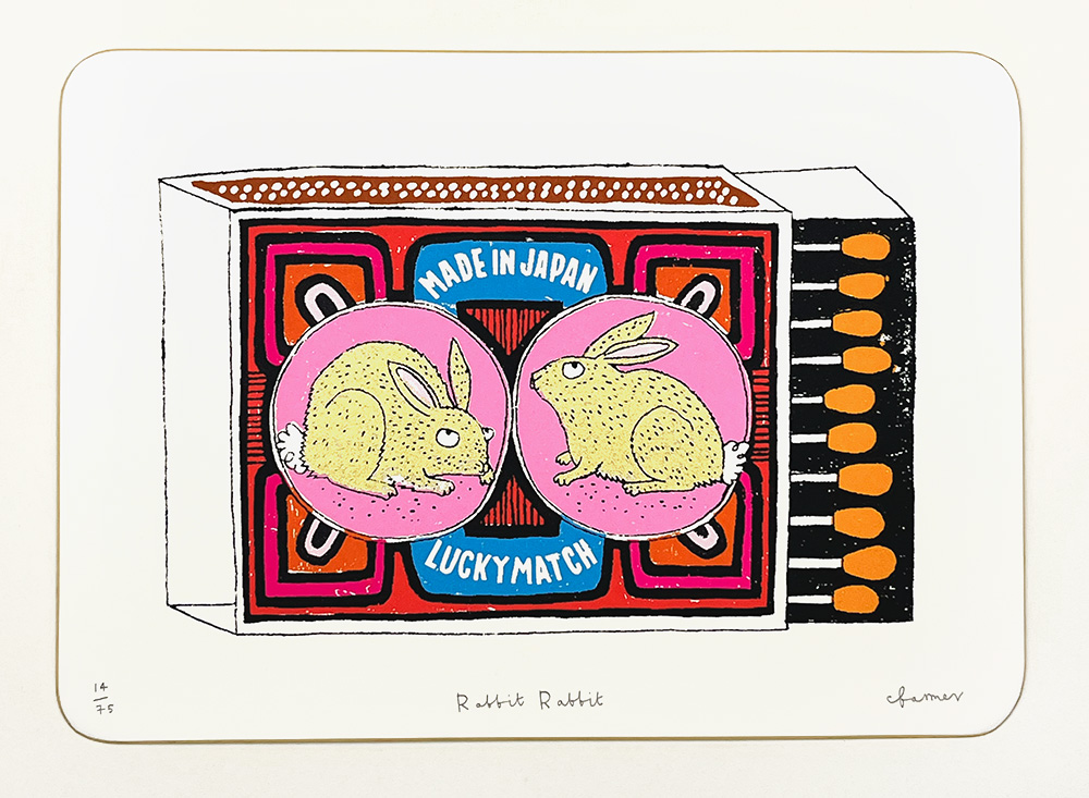 Rabbit Rabbit Matchbox - Limited Edition Screen Print features two rabbits facing each other on a pink circle labeled "Made in Japan Lucky Match," with visible matches on the right.