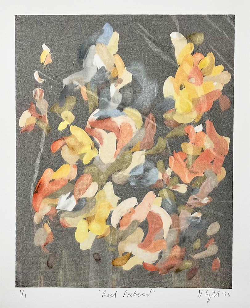 An abstract mono print titled "Real Pretend, ghost" features a bouquet of yellow, orange, pink, and white flowers set against a gray background.