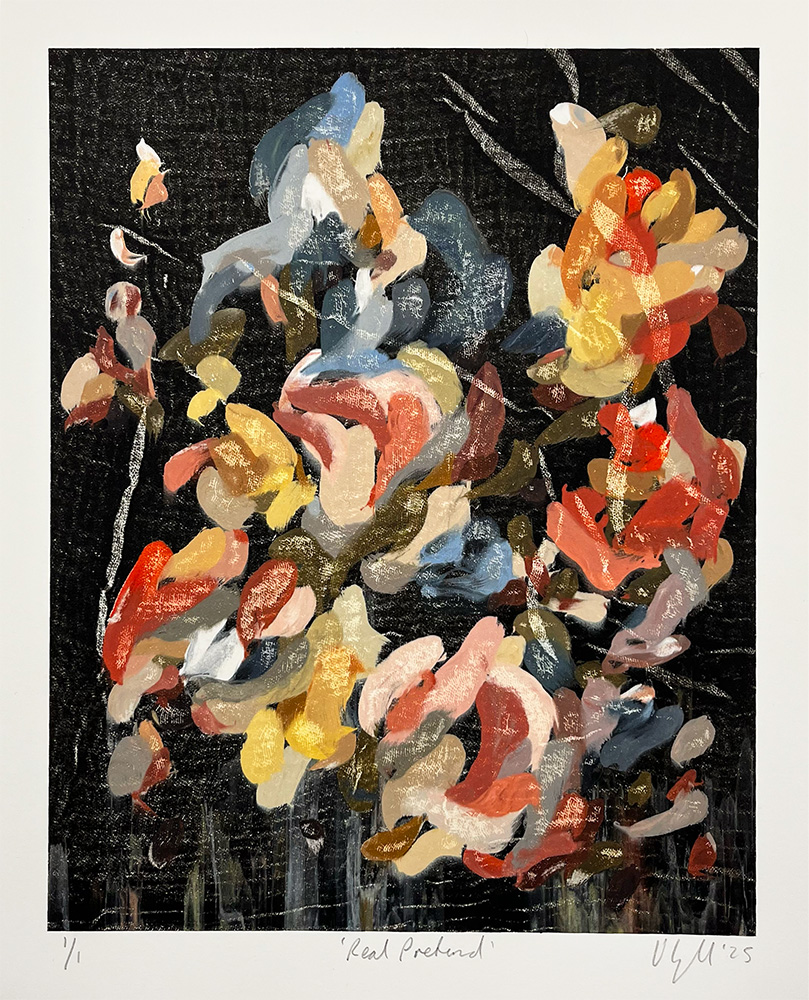 Real Pretend - Mono Print: An abstract painting with clusters of colorful, blurred flower-like shapes in red, yellow, blue, and cream set against a black background.