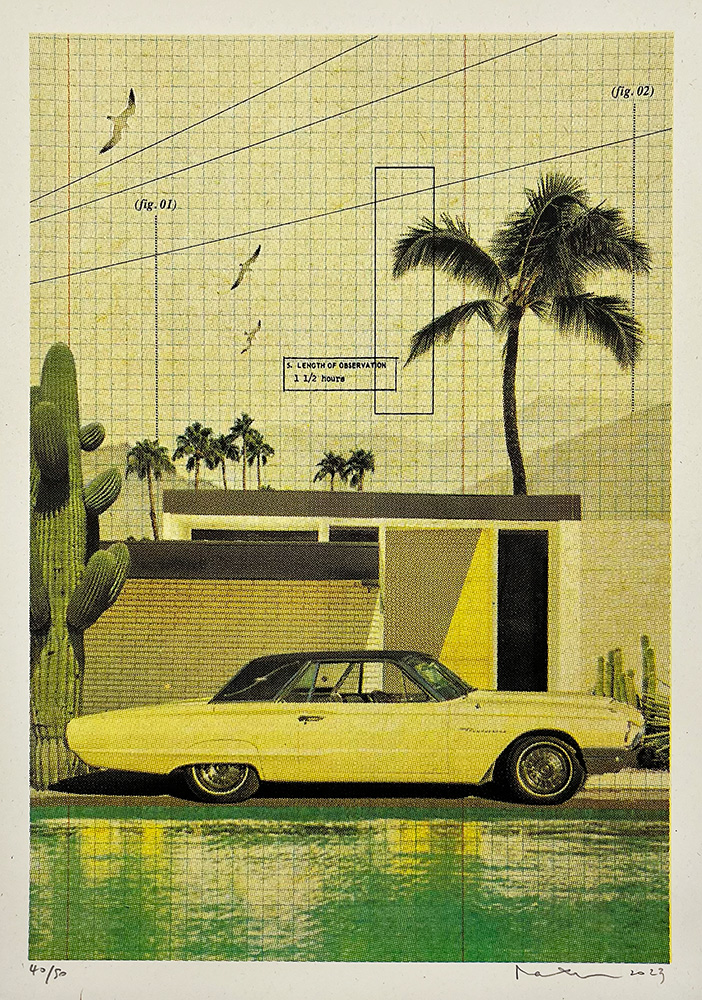 A yellow vintage car is parked in front of a modern house with palm trees and cacti, with birds flying above and architectural diagrams overlaid on the image.