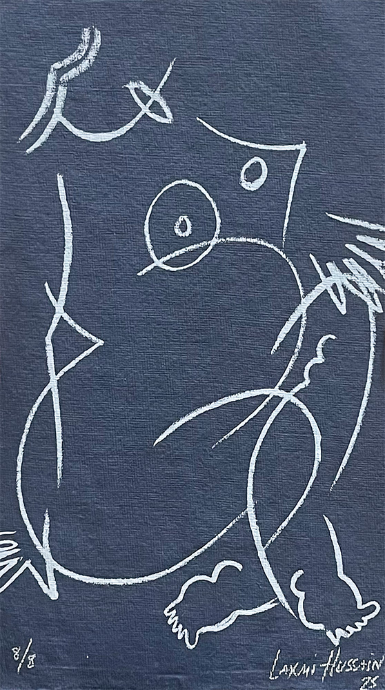 Minimalist white line drawing on a dark background, featuring bold curves and sharp angles, inspired by the "Mother in Blue (Indigo) - Limited Edition Screen Print.