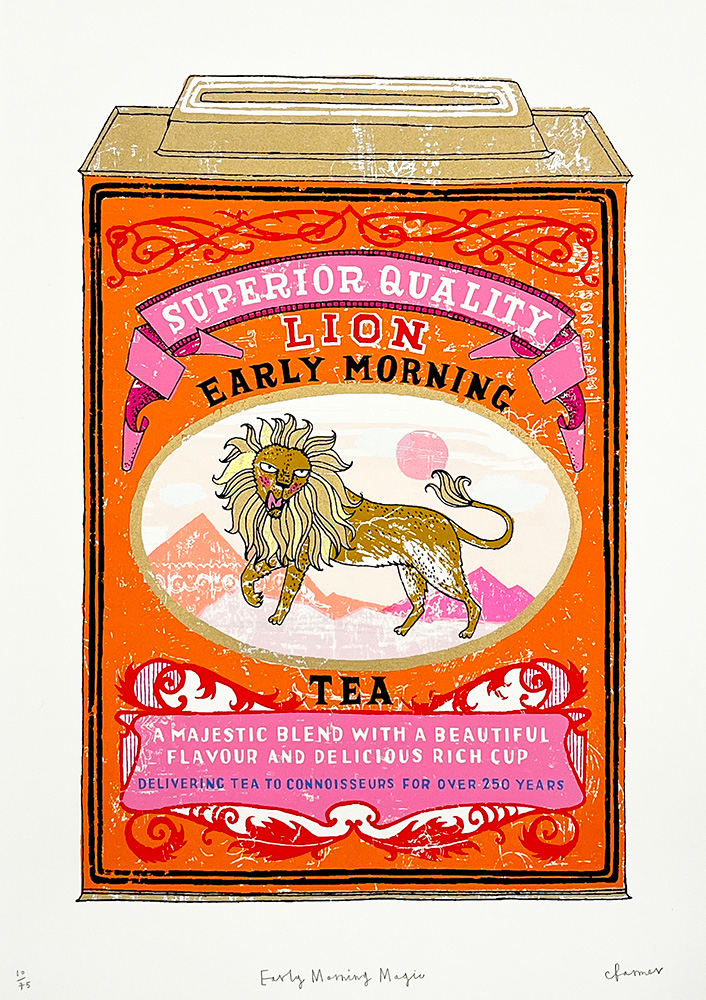 A vibrant tin labeled "Lion Early Morning Tea" features a majestic lion and highlights over 250 years of quality, with rich flavor—paired with the Early Morning Magic - Limited Edition Screen Print.